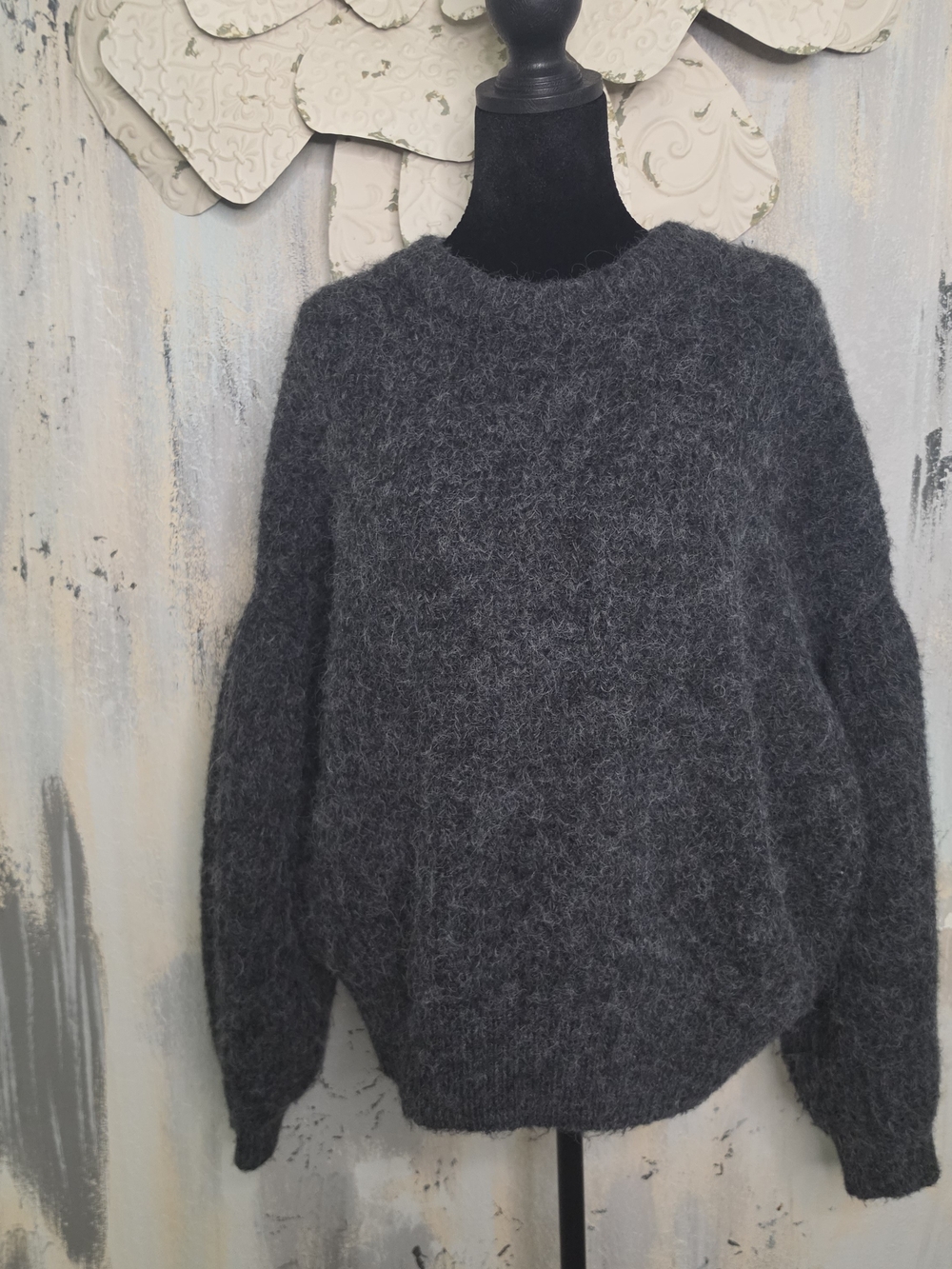 a new day Charcoal Fuzzy Crew Sweater With Bubble Sleeves Size Large